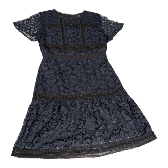 Ann Taylor Lave Overlay Navy Blue and Black Dress. Short sleeves. Back zipper. - Picture 9 of 14